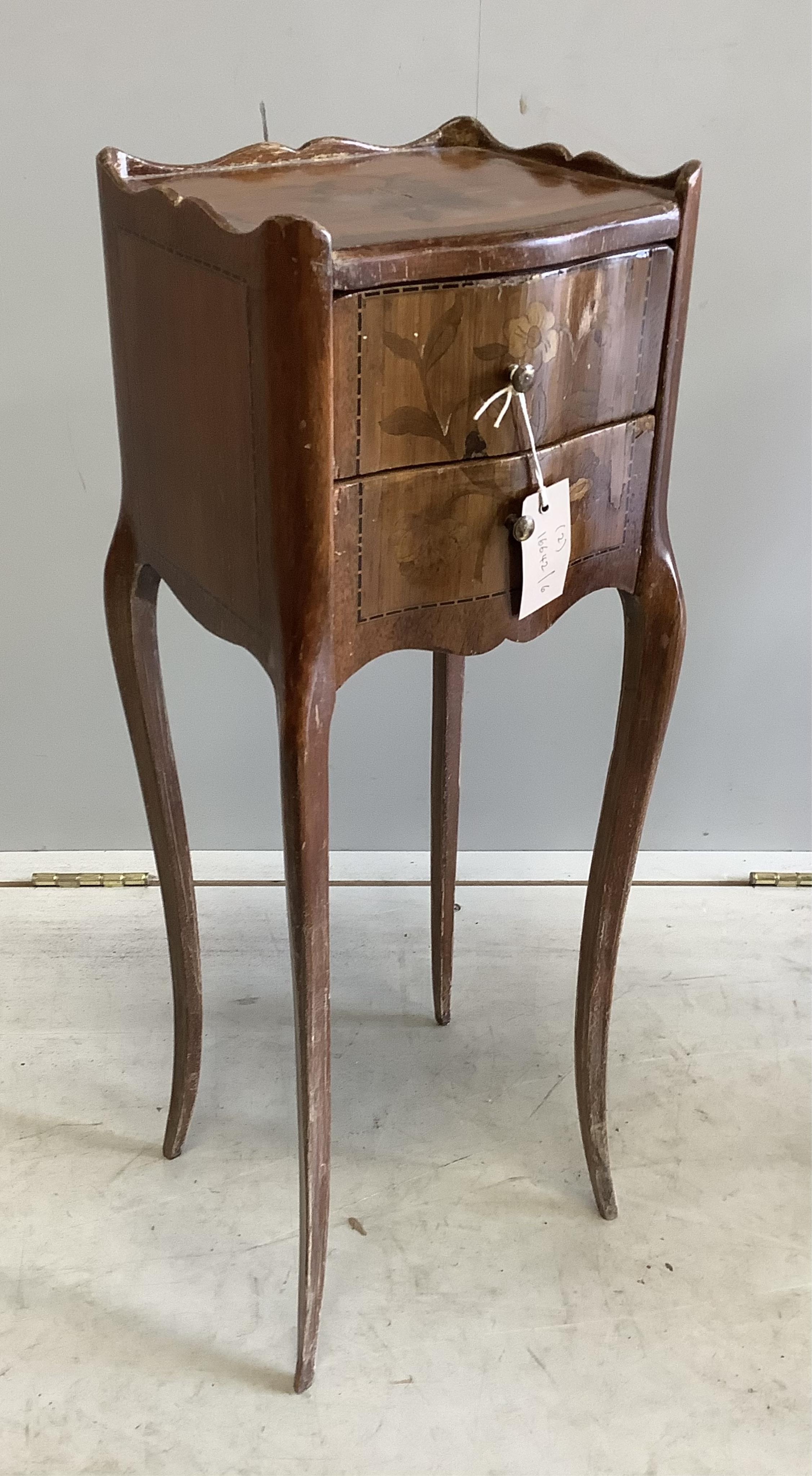 A 19th century French marquetry inlaid and gilt metal mounted kingwood two tier occasional table, width 52cm, depth 37cm, height 72cm together with a small French inlaid kingwood bedside chest. Condition - poor to fair